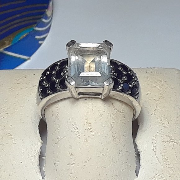 Estate 4ctw Emerald Cut White Quartz & Onyx sides Sterling Silver THL Ring#17782 - Picture 2 of 5